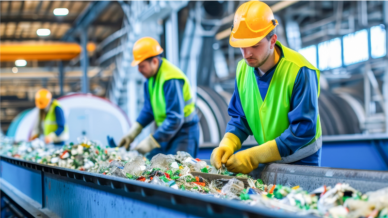 Travailleurs d’installations de recyclage industriel dans un équipement de sécurité triant les déchets sur une bande transporteuse.