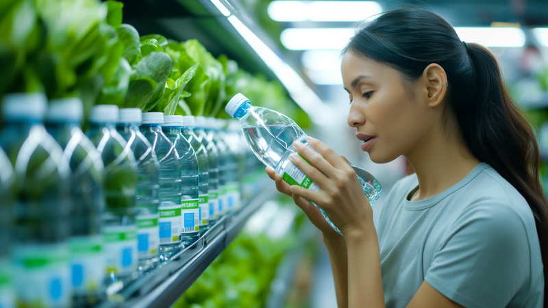 Femmes lisant l’étiquette d’une bouteille en plastique